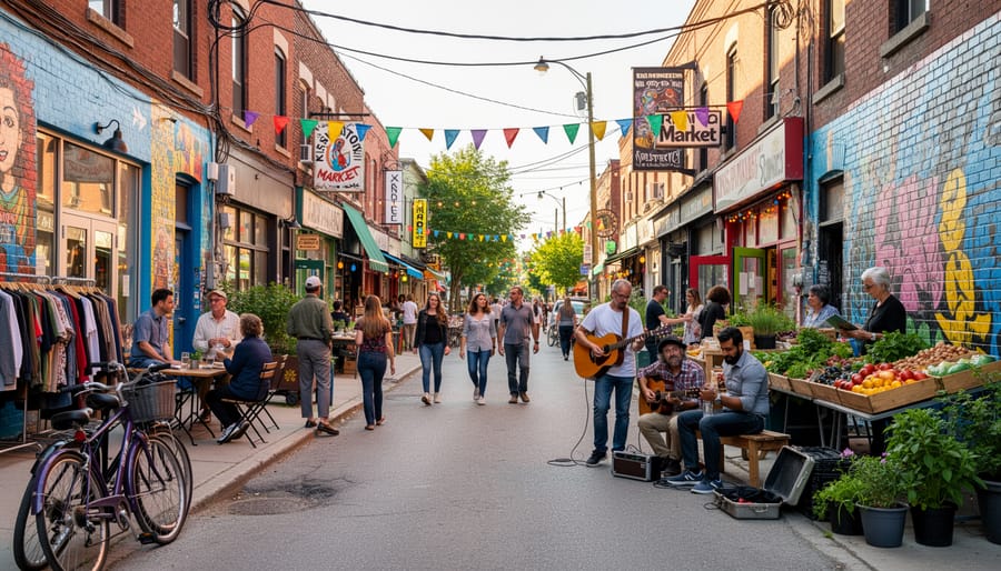 Colorful Kensington Market street scene with vintage shops, street art, and community activity