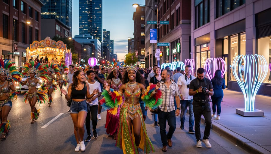 Diverse crowd attending nighttime cultural festival with colorful lighting and community atmosphere
