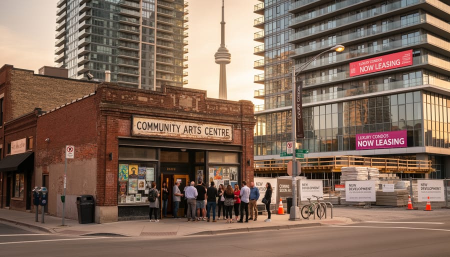 Contrast between heritage storefront with for lease sign and modern condo development showing urban gentrification