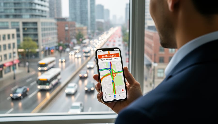 A commuter holding a smartphone near a busy roadway, ready to check live traffic alerts.