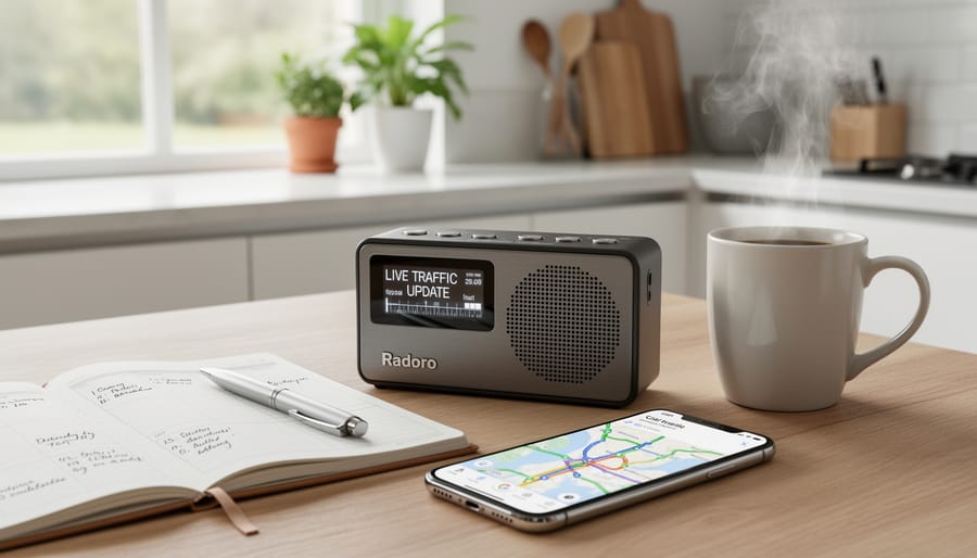 A tabletop radio setup next to a car key and transit map as a backup for traffic reports.