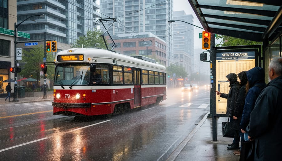 A Toronto streetcar arriving at a curb-side stop in rainy evening conditions.