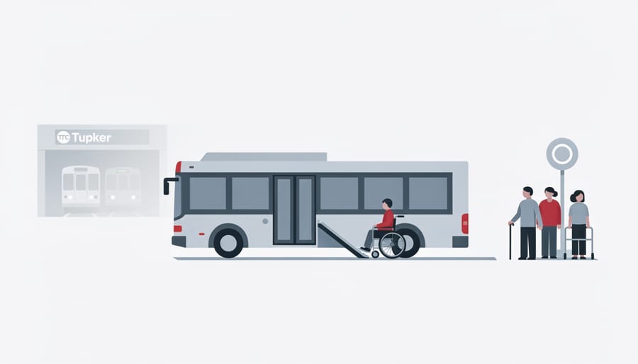 An accessible shuttle bus with a visible ramp at a transit terminal during golden hour.