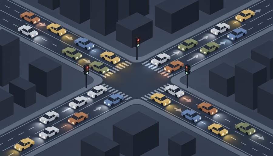 Busy roadway at dusk with headlights and taillights creating light trails on wet asphalt.
