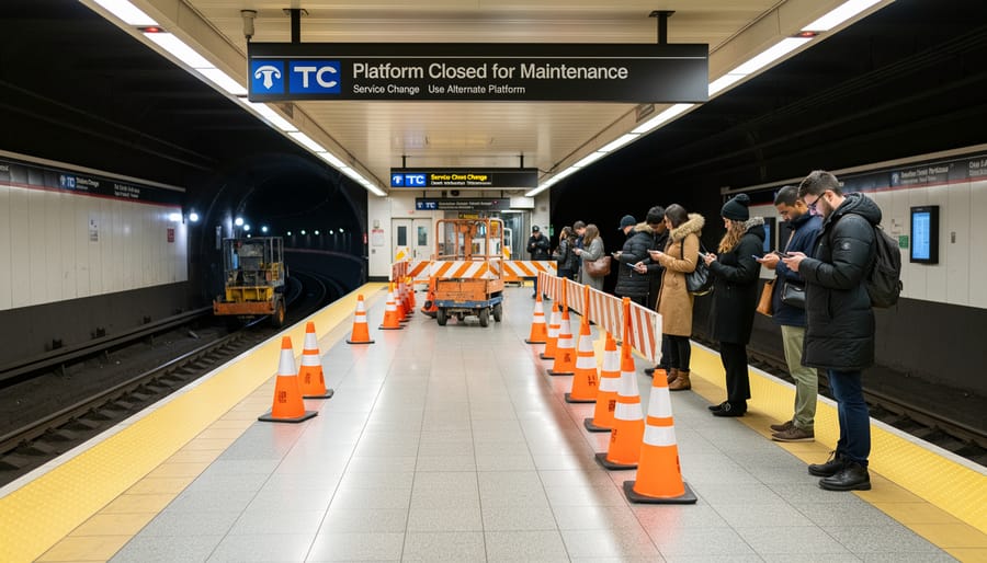 Commuters on a subway platform near a closed-off area barrier inside a station.