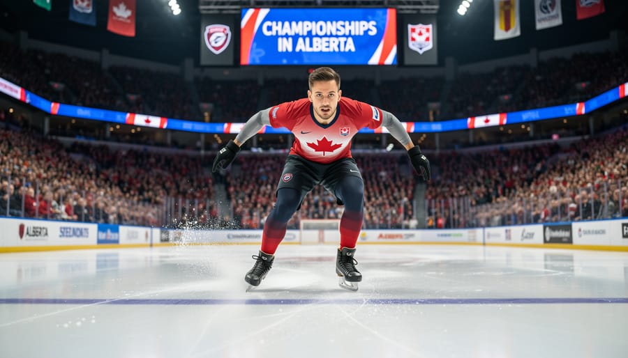 Hockey player in an indoor arena with a blurred crowd and rink in the background