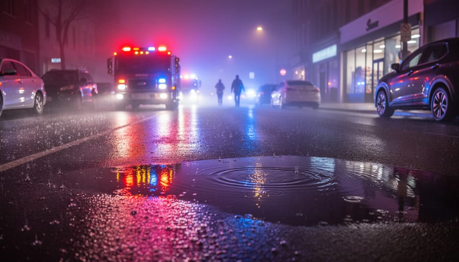 Police cruiser with flashing lights reflected on wet street at night