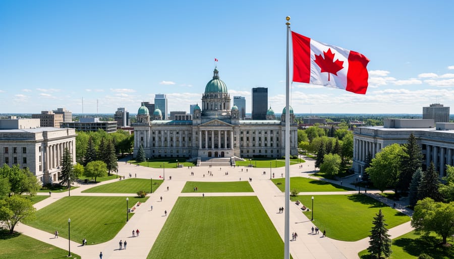 View of Alberta government buildings and a Canadian flag in the foreground under an overcast sky