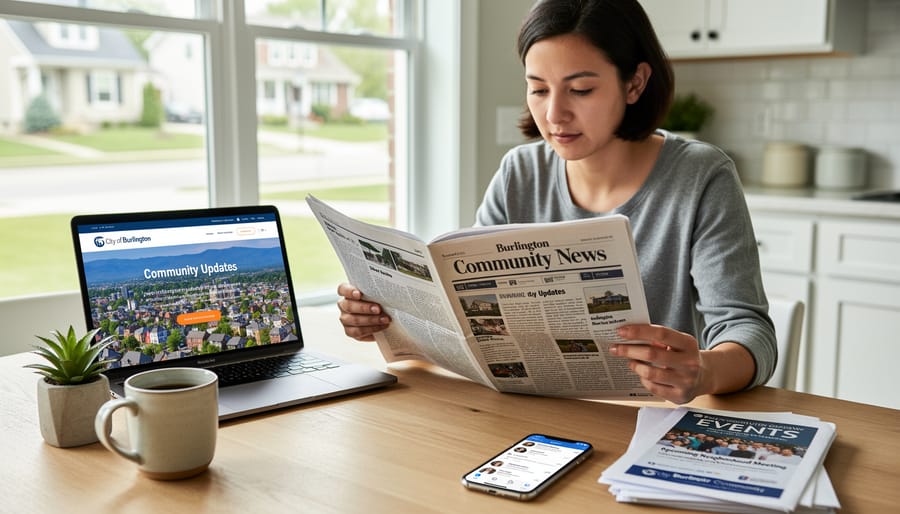 Person holding a Burlington local newspaper and smartphone at an outdoor cafe table