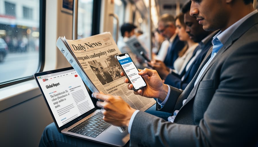 A person in Canada comparing a newspaper and a smartphone at an outdoor café table, with no readable text visible.