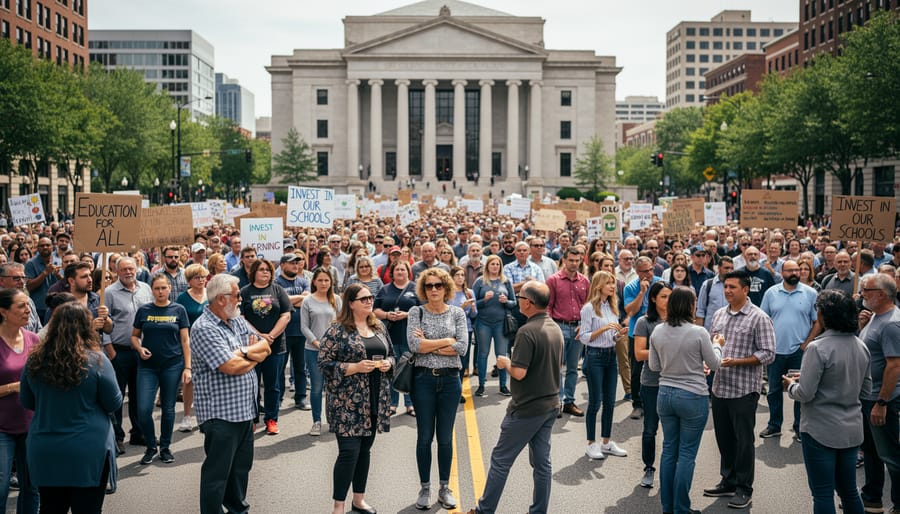Crowd of protestors gathered outside a Toronto civic building holding blank signs