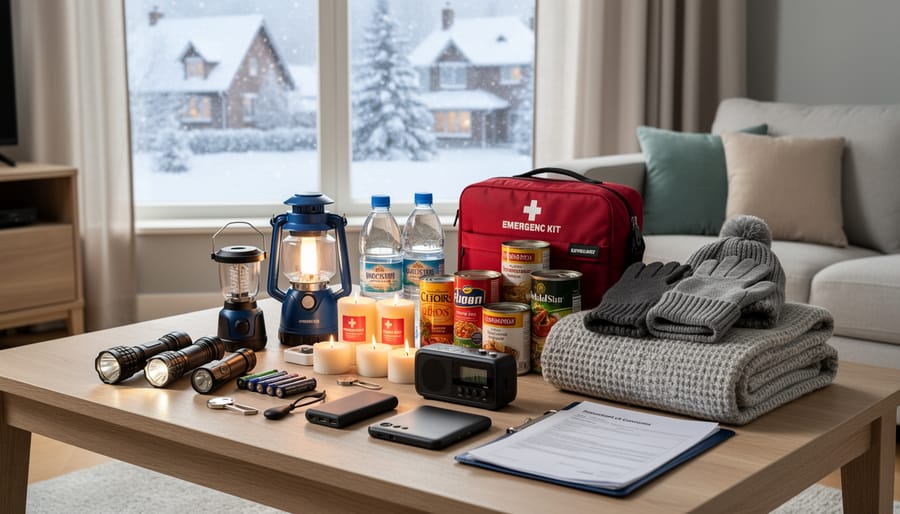 Emergency preparedness supplies arranged on a table in a living room