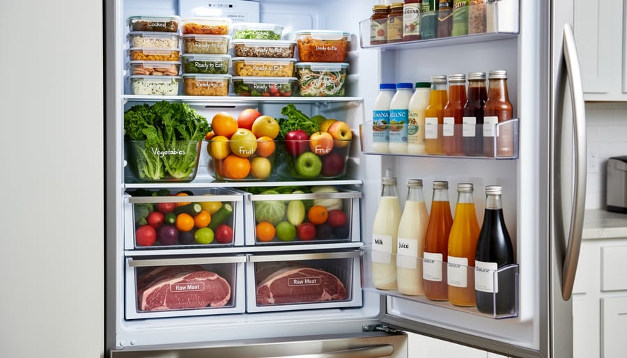 Kitchen scene with open refrigerator and properly stored food containers for safe handling