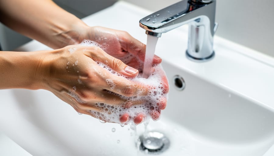 Person washing hands under running water with soap lather at a sink