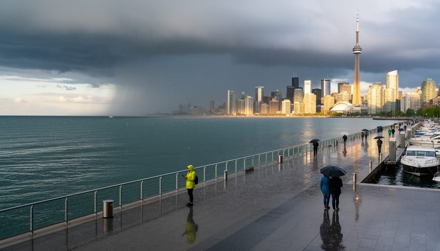 Rain over Lake Ontario with dark storm clouds and city skyline silhouettes in the distance