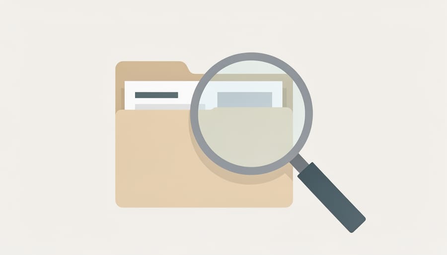 Close-up of a magnifying glass beside printed article pages in a clear folder on a desk, with blurred newsroom items in the background.