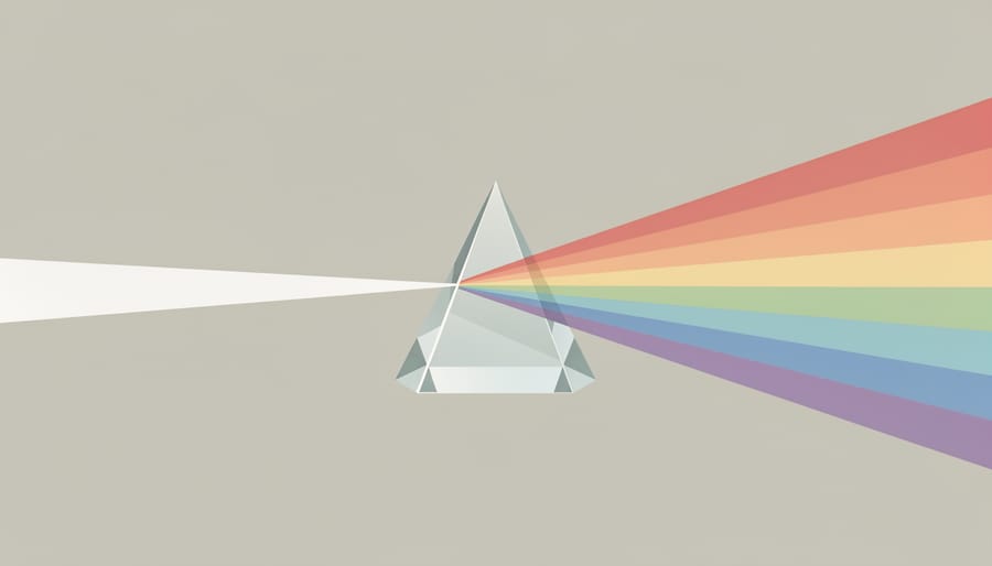 A transparent glass prism splitting a beam of light into rainbow colors on a dark surface with blurred books in the background.
