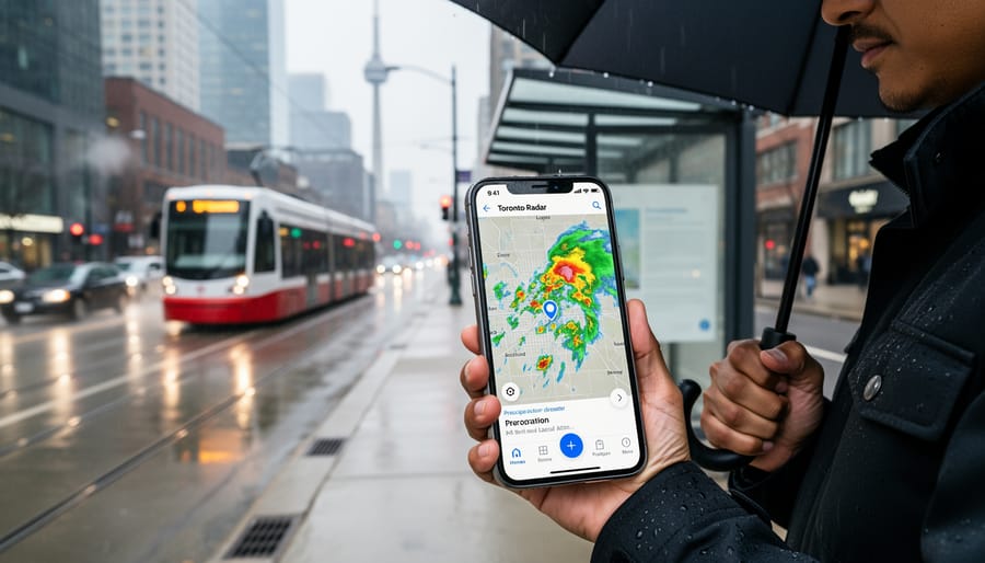 Commuter looking at a smartphone while checking weather radar at a Toronto street corner