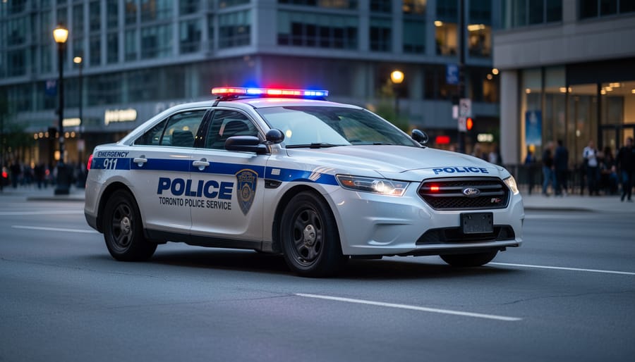 Toronto police cruiser parked on a residential street at dusk