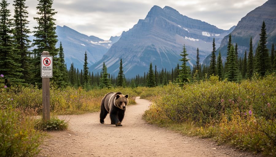 Distant grizzly bear near a treeline in Banff