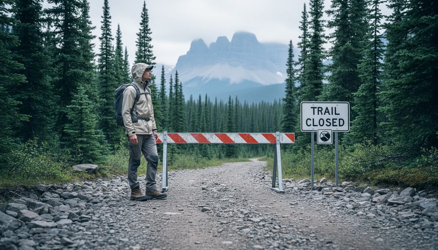 Hiker standing beside a closed trail barrier sign near a forest path in Banff, representing September 2026 trail access and safety updates.