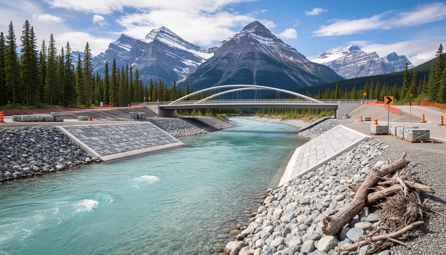 Bow River flowing through Banff with surrounding trees and distant mountains