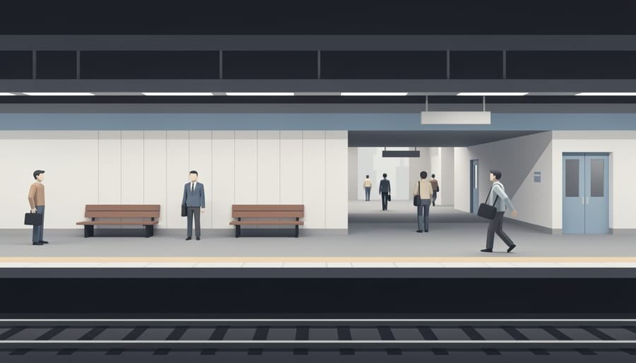 An empty subway platform with a train blurred as it departs down the tunnel, suggesting service disruption effects.
