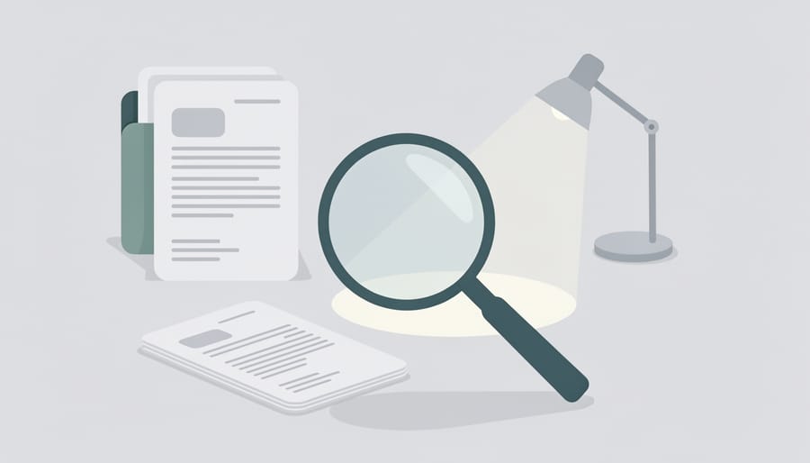 Magnifying glass over open folder on a desk with a notebook and pen nearby