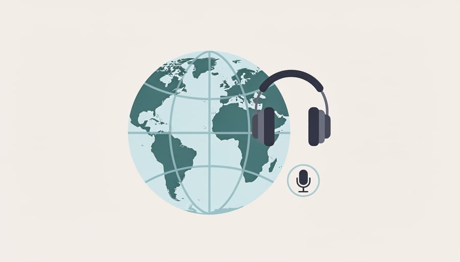 Globe and headphones on a desk next to newspapers, suggesting international and audio news evaluation.