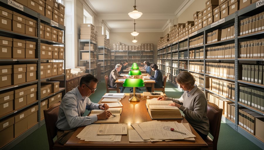 Archive room with shelves of books and stacked document boxes in soft natural light