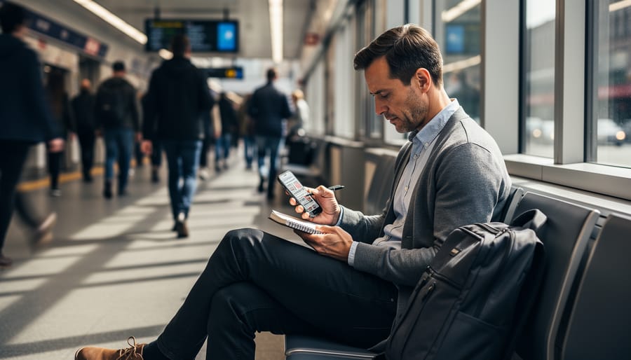 Person in a Toronto transit station reviewing news on a smartphone and writing notes.