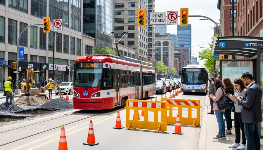 Orange traffic cones and construction barriers at a Toronto downtown road junction under daylight.