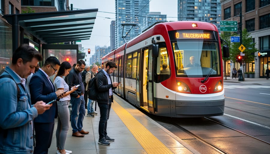 A Toronto TTC streetcar stopped at a curb while commuters wait at the platform edge under an overcast sky.