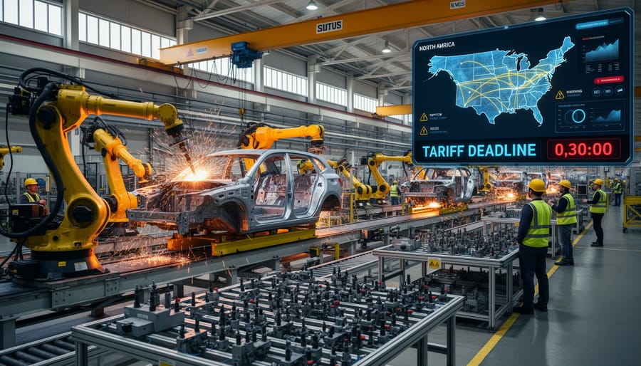 Vehicle assembly area inside a modern manufacturing plant with metal components and a partially assembled car.