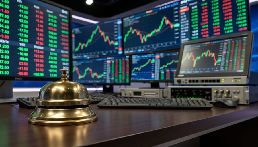 Trading bell and electronic stock ticker on a desk in a financial office setting