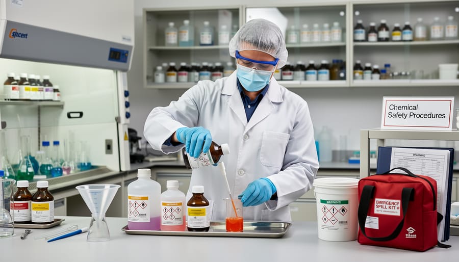 Gloved hands handling a sealed chemical bottle with protective equipment and secondary containment in view.