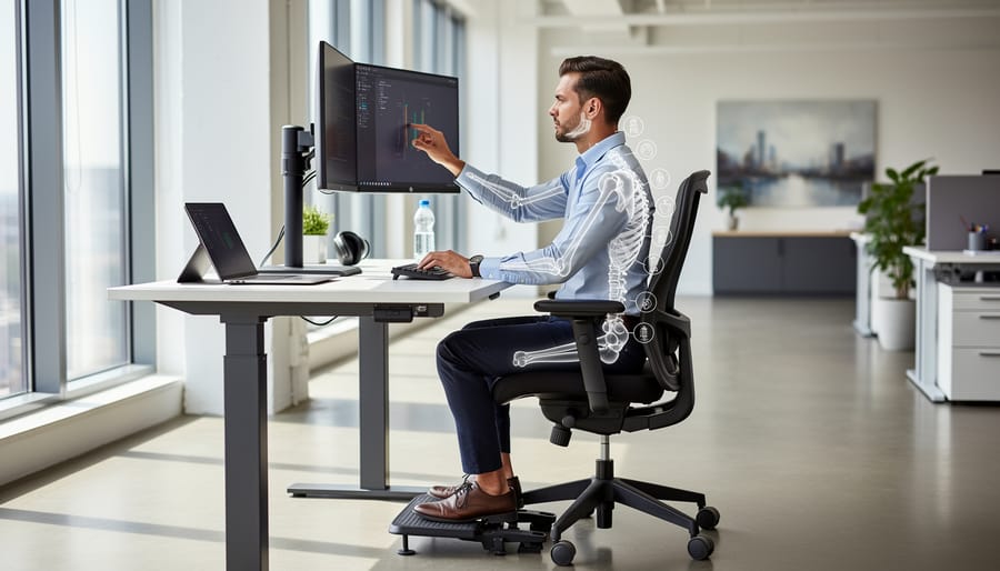 Person adjusting an ergonomic chair at a desk with proper posture cues visible in a bright office.