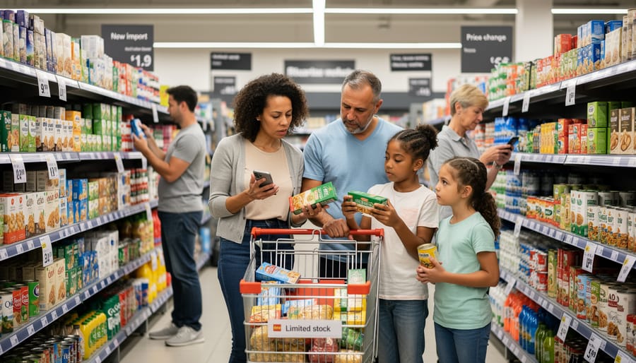 A shopper’s hands selecting packaged grocery items on a store shelf under soft natural light.
