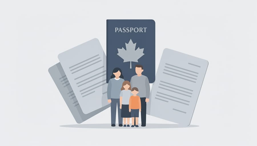 Hands holding Canadian immigration documents and passports near a window