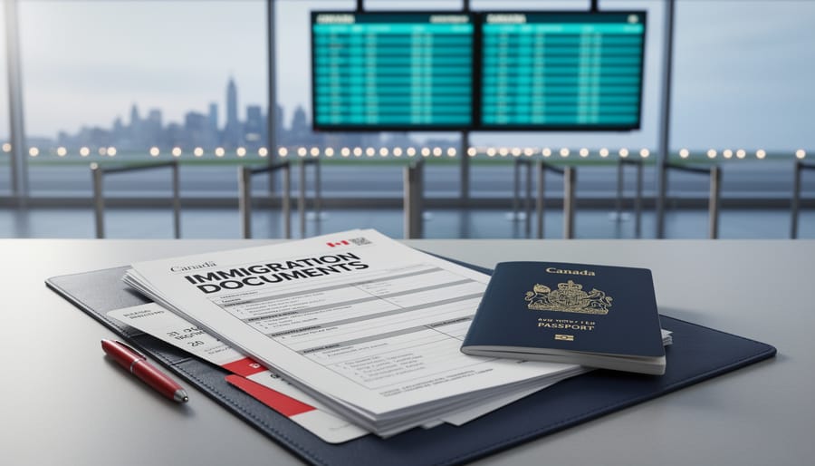 Canadian immigration documents and passports on a desk with a blurred airport setting in the background, conveying news verification and policy change.
