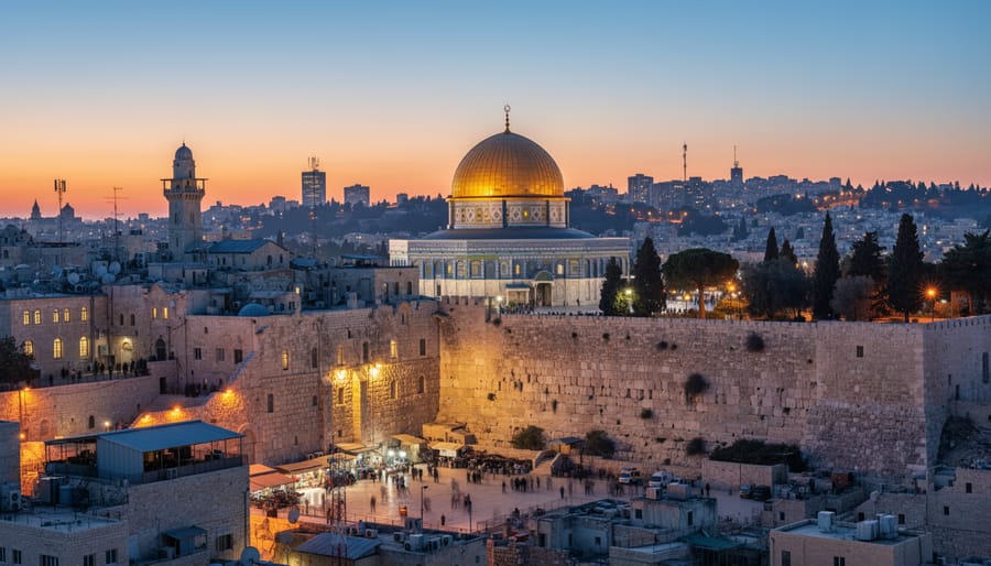 Twilight view of Jerusalem with the Dome of the Rock silhouette in the distance