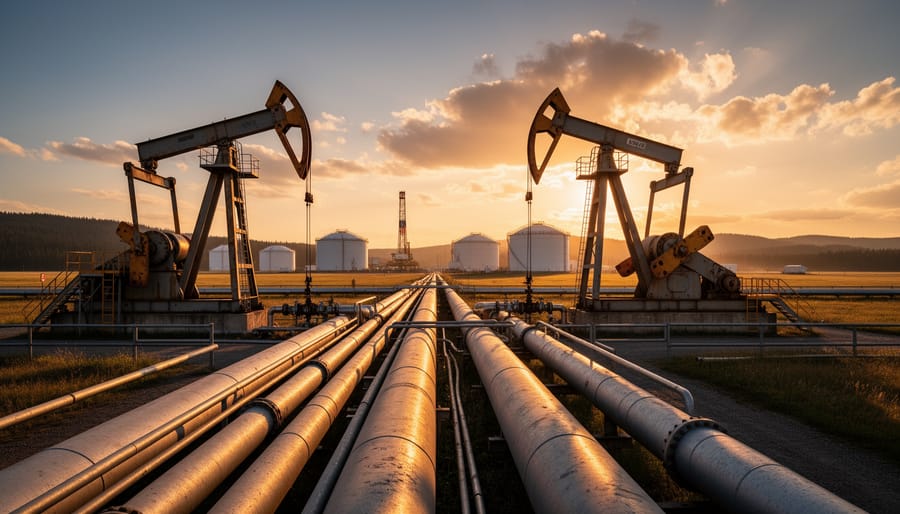 Oil rig and pipeline infrastructure at golden hour representing the energy sector’s influence on markets