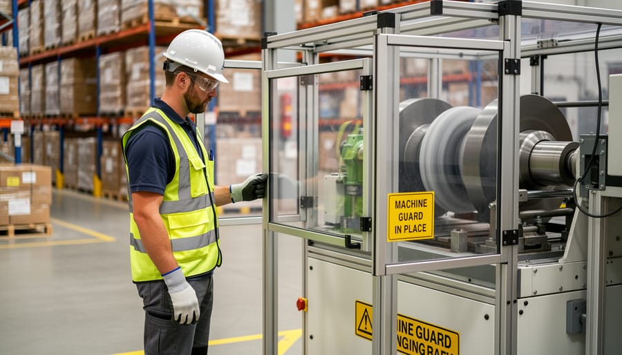 Warehouse worker wearing protective gear inspecting a machine with a safety guard in the background.