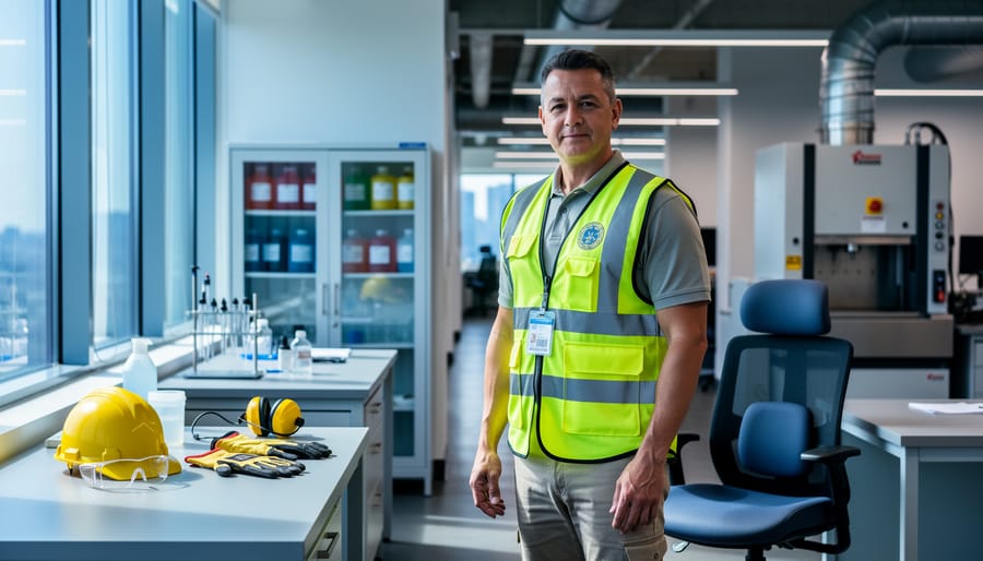 A safety officer in a high-visibility vest standing in a Toronto workplace with safety gear, an ergonomic workstation, chemical storage, and ventilation equipment in view.